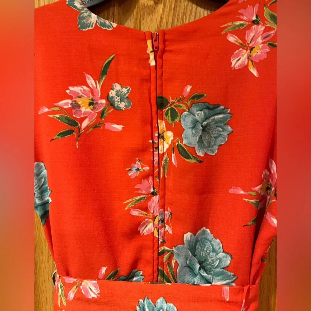 Nordstrom Love, Nickie Lew Orange Floral Faux Wrap Ruffle Mini‎ Dress Size 3
